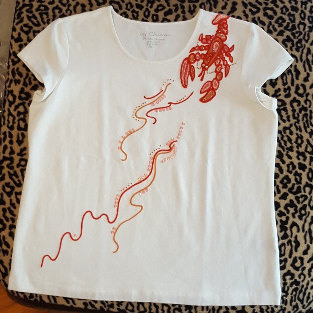 Chicos white tee with red Lobster embellishment